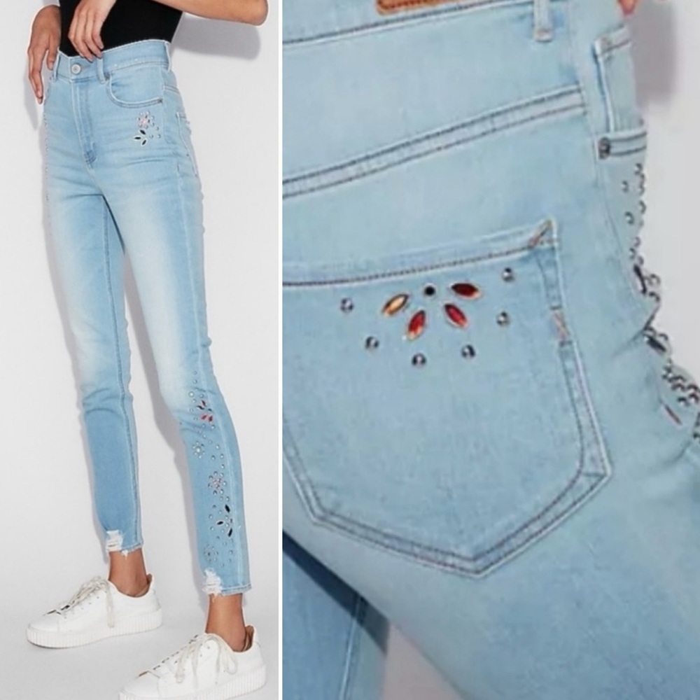 Express Super High Waisted Embellished Ripped Ankle Leggings Jeans‎ Size 2 Short